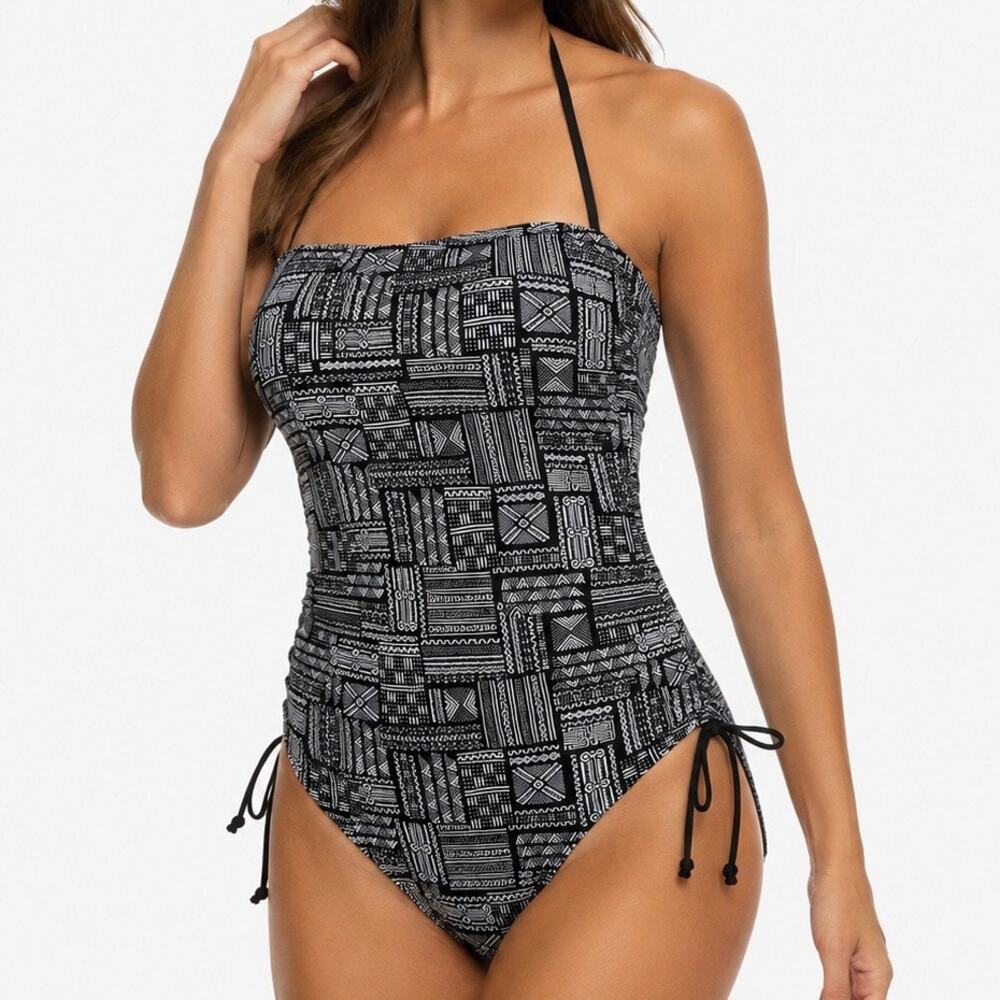 POPINA‎ | Geometric Tribal Print Bandeau One Piece Swimsuit Black White | Small